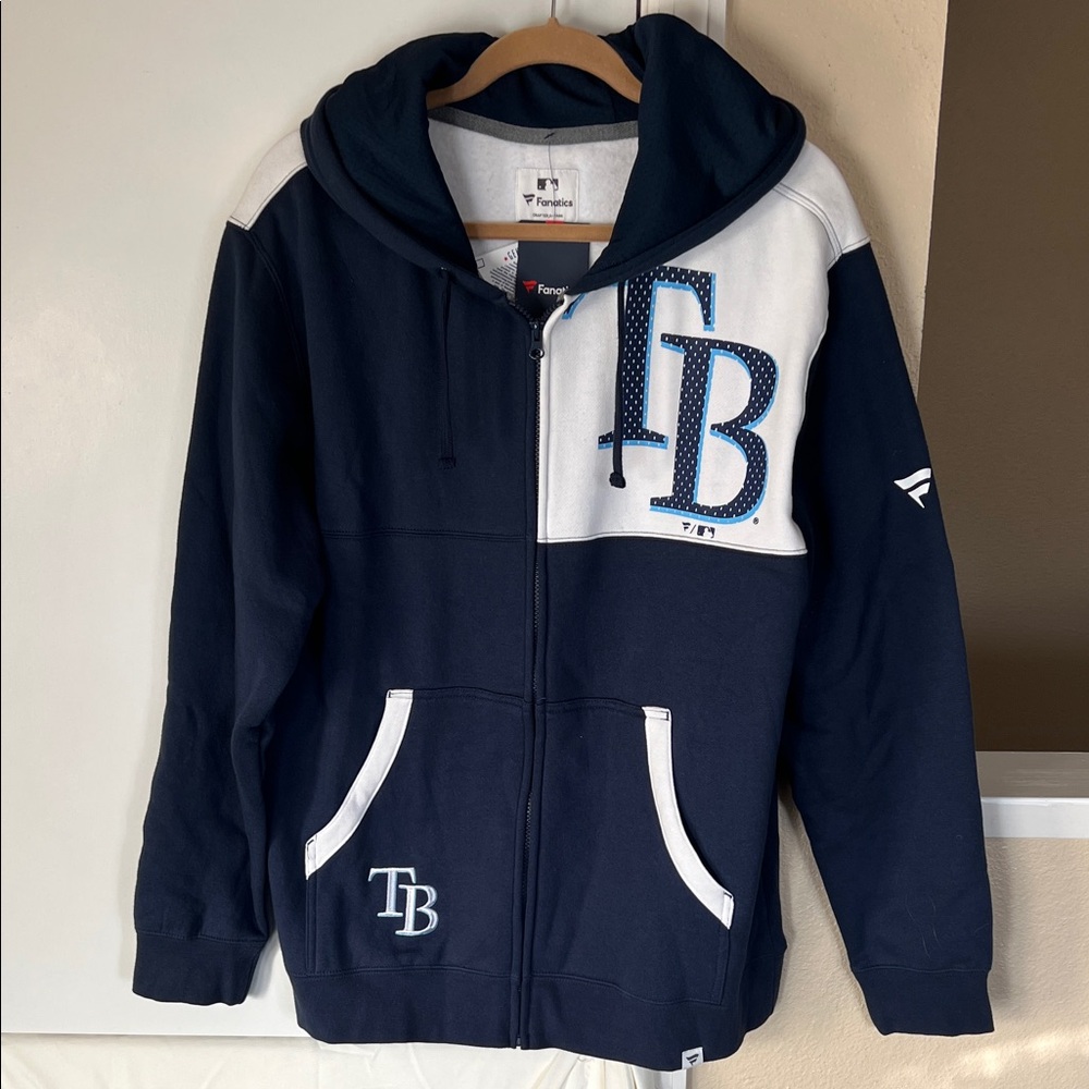 Fanatics Navy and White Mens Large Hooded Jacket with Zipper Closure.